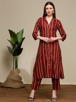 FASHOR - Ethnic Floral Printed Cotton A-Line Co-Ord Set - Maroon