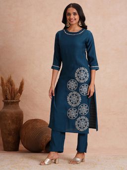 FASHOR - Ethnic Floral Embroidered A-Line Co-Ord Set - Teal