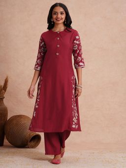 FASHOR - Zari Floral Embroidered A-Line Co-Ord Set - Maroon