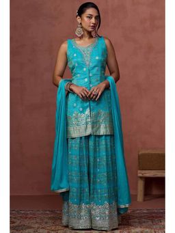 Soch - Womens Turquoise Blue Brocade Zari Woven Kurta With Palazzo & Dupatta Cut Dana
