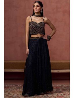Soch - Womens Navy Blue Georgette Embroidered Crop Top With Palazzo & Dupatta