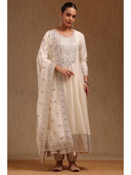Soch - Womens Off White Vichitra Embroidered Kurta With Pant & Dupatta Sequins