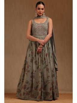 Soch - Womens Olive Tissue Floral Print Anarkali Kurta With Churidar And Dupatta