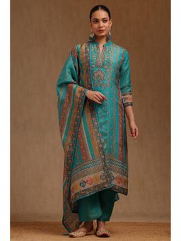 Soch - Womens Turquoise Blue Shimmer Ethnic Motifs Kurta With Pant & Dupatta Stone Work