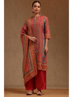 Soch - Womens Fuchsia Shimmer Ethnic Motifs Kurta With Pant & Dupatta Cut Dana