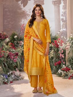 Seerat - Yellow Jacquard Embroidery Kurta With Dyed Trousers And Printed Dupatta