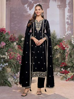 Seerat - Black Embroidery Anarkali Kurta With Dyed Trouser And Dupatta