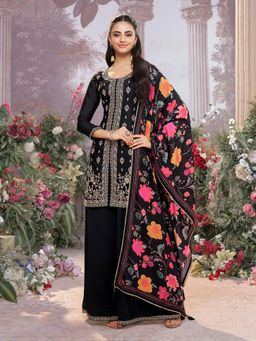 Seerat - Black Embroidery Straight Kurti With Dyed Sharara And Printed Dupatta