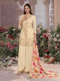 Seerat - Off-White Embroidery Straight Kurti With Dyed Sharara And Printed Dupatta