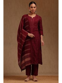 Soch - Womens Wine Dola Silk Embroidered Kurta With Pant & Dupatta Thread Work