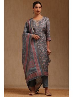 Soch - Womens Grey Tussar Floral Print Kurta With Pant & Dupatta Zari