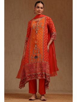 Soch - Womens Orange Crepe Floral Print Kurta With Pant & Dupatta Sequins