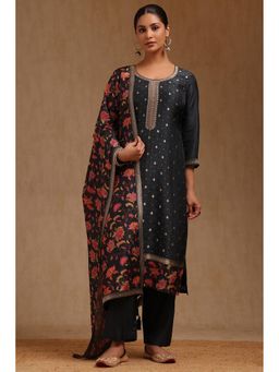 Soch - Womens Charcoal Dola Silk Zari Woven Kurta With Pant & Dupatta Sequins