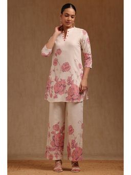 Soch - Womens Beige Pure Cotton Floral Print Co-Ord Set With Thread Work