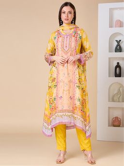 FASHOR - Ethnic Floral Printed A-Line Kurta With Pant And Dupatta - Yellow