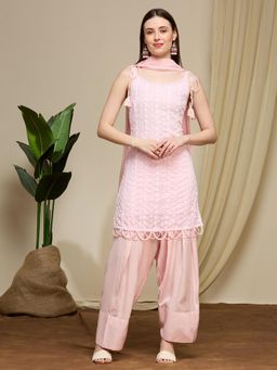 FASHOR - Floral Chikankari Embroidered Straight Fit Kurta With Salwar And Dupatta - Pink