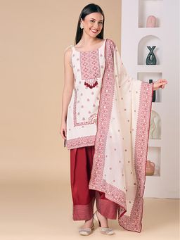 FASHOR - Ethnic Floral Woven Straight Fit Kurti With Pant And Dupatta - Off White