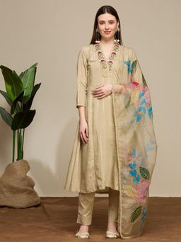 FASHOR - Lurex Floral Embroidered Anarkali Kurta With Pant And Hand Painted Dupatta - Beige