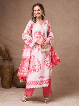 FASHOR - Floral Printed And Embroidered A-Line Kurta With Pant And Dupatta - Pink