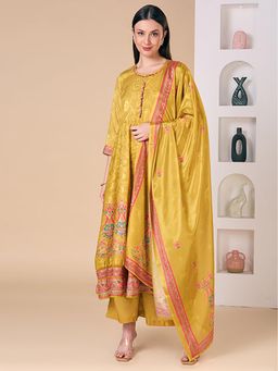 FASHOR - Ethnic Floral Printed Embroidered Anarkali Kurta With Palazzo And Dupatta - Mustard