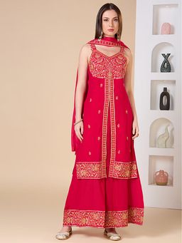 FASHOR - Ethnic Embroidered Straight Fit Kurta With Flared Palazzo And Dupatta - Rani