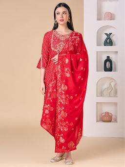 FASHOR - Bandhani Printed Embroidered Straight Fit Kurta With Pant And Dupatta - Red