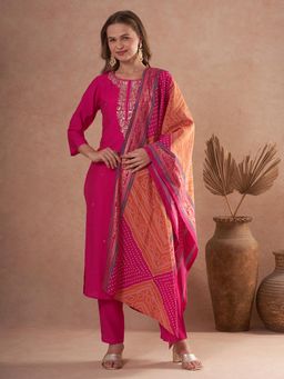 FASHOR - Gota Patti Embroidered Straight Fit Kurta With Pant And Dupatta - Rani