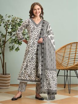 FASHOR - Ethnic Floral Printed And Embroidered Straight Kurta With Pant And Dupatta - White
