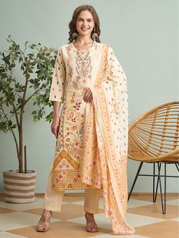 FASHOR - Ethnic Floral Printed Straight Fit Kurta With Pant And Dupatta - Cream