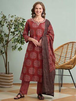 FASHOR - Ethnic Ajrakh Printed Embroidered Straight Fit Kurta With Pant And Dupatta - Red