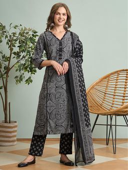 FASHOR - Ethnic Floral Printed Embroidered Straight Fit Kurta With Pant And Dupatta - Black