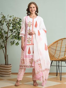 FASHOR - Floral Block Printed And Embroidered Cut Kurta With Pant And Dupatta - Off White