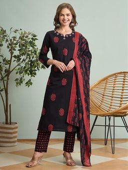 FASHOR - Ethnic Printed Embroidered Straight Fit Kurta With Pant And Dupatta - Black