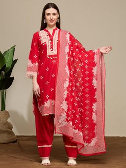 FASHOR - Ethnic Bandhani Printed Straight Fit Kurta With Salwar And Dupatta - Red