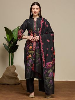 FASHOR - Floral Printed Embroidered Kurta With Pant And Dupatta - Black
