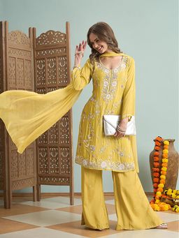 FASHOR - Floral Hand Embroidered Straight Fit Kurta With Palazzo And Dupatta - Yellow