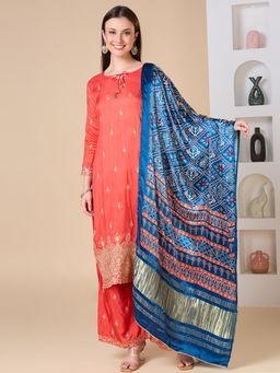 FASHOR - Ethnic Embroidered Straight Fit Kurta With Palazzo And Dupatta - Coral