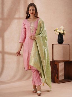 FASHOR - Sequin Embroidered Tissue Kurta With Pant And Jacquard Dupatta - Pink