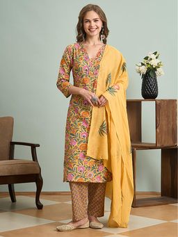 FASHOR - Ethnic Floral Printed Embroidered Fit Kurta With Pant And Pure Cotton Dupatta - Yellow