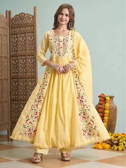 FASHOR - Floral Embroidered A-Line Panelled Kurta With Pant And Dupatta - Yellow