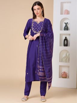 FASHOR - Gota Patti Embroidered Straight Fit Kurta With Pant And Dupatta - Purple
