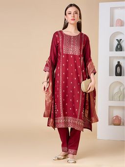 FASHOR - Ethnic Floral Printed Embroidered Straight Fit Kurta With Pant And Dupatta - Maroon