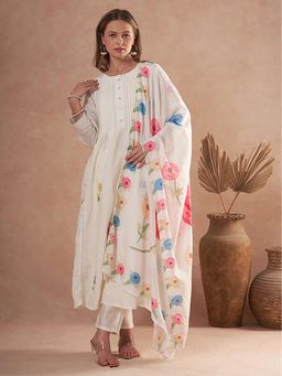 FASHOR - Floral Embroidered A-Line Kurta With Pant And Dupatta - White