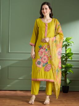 FASHOR - Floral Printed Straight Fit Kurta With Pant And Printed Dupatta - Mustard