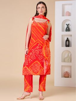 FASHOR - Bandhani Printed Embroidered Straight Fit Kurta With Pant And Dupatta - Orange