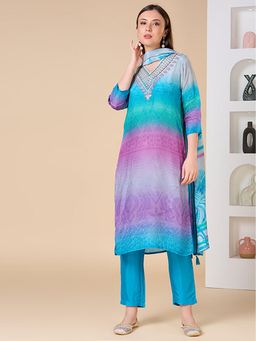 FASHOR - Ethnic Embroidered Bandhani Printed Straight Fit Kurta With Pant And Dupatta - Blue