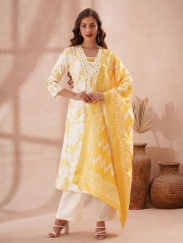 FASHOR - Floral Printed And Embroidered A-Line Pleated Kurta With Pant And Dupatta - White