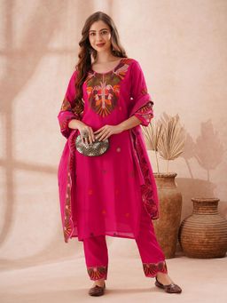 FASHOR - Floral Thread Work Embroidered Straight Kurta With Pant And Dupatta - Rani