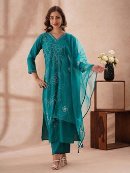 FASHOR - French Knot Embroidered Straight Fit Kurta With Pant And Dupatta - Turquoise Blue