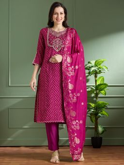 FASHOR - Festive Bandhani Printed Embroidered And Kurta With Pant And Dupatta - Burgundy